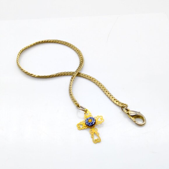 Vintage Chain Bracelet with Filigree Cross Charm, Gold Tone with Millefiori Glas - Picture 1 of 5